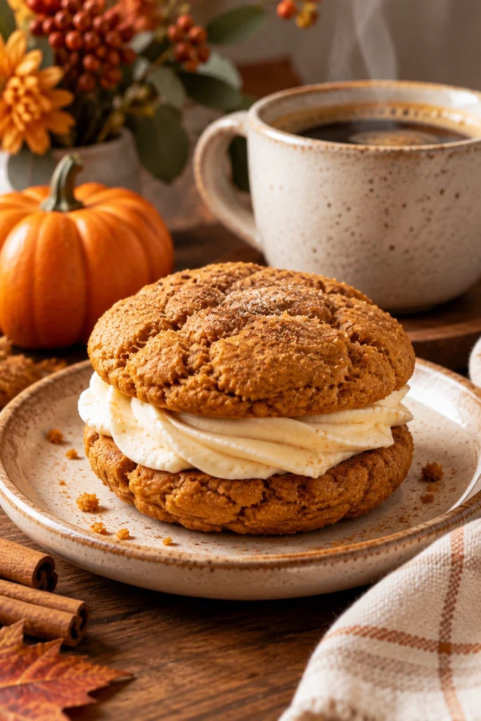 Pumpkin Party Cookie Sandwich served beside warm coffee with cozy autumn styling and creamy pumpkin cookies.