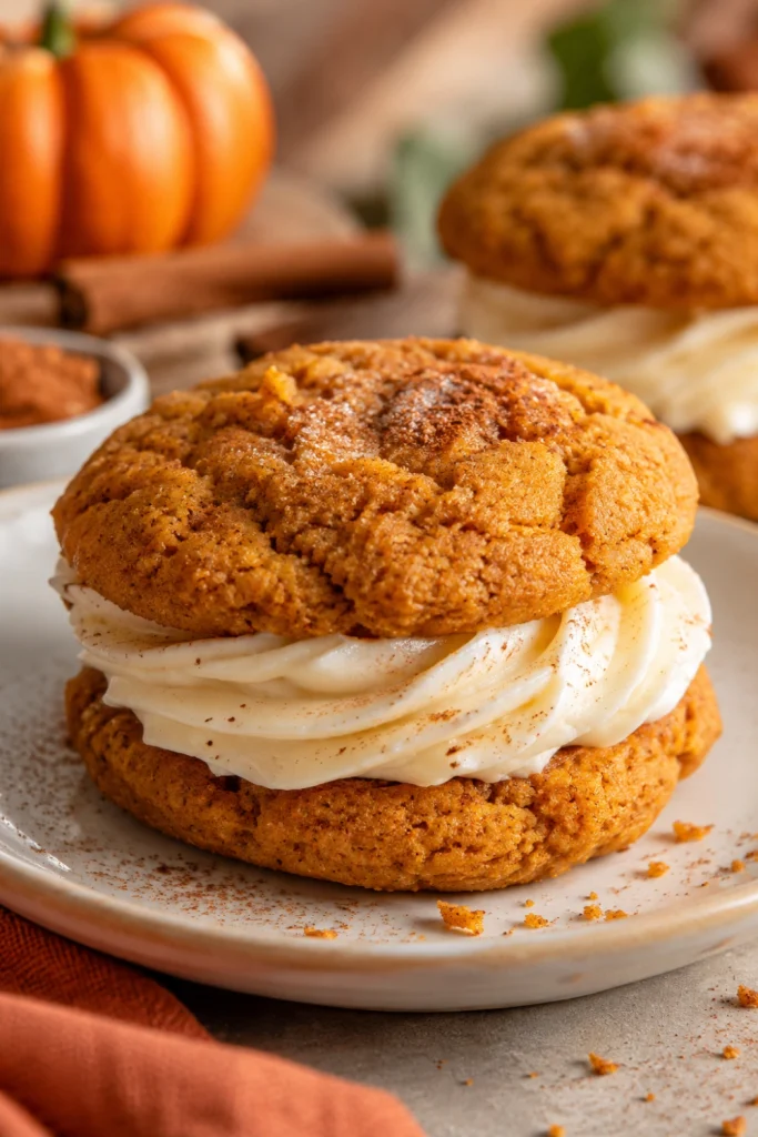 Pumpkin Party Cookie Sandwich with thick creamy cream cheese filling between soft pumpkin cookies.