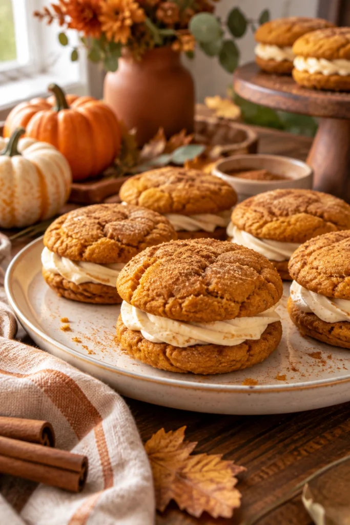 Pumpkin Party Cookie Sandwich displayed on a modern fall dessert table with pumpkins, linen, and warm autumn colors.
