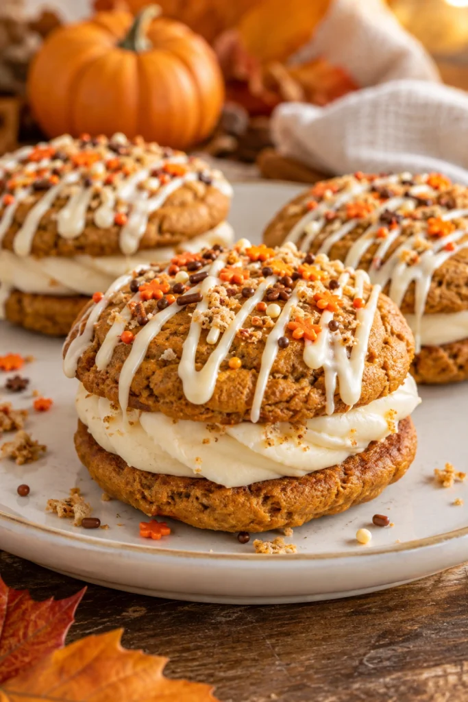 Festive Pumpkin Party Cookie Sandwich with white chocolate drizzle, autumn sprinkles, cinnamon, and colorful fall styling.