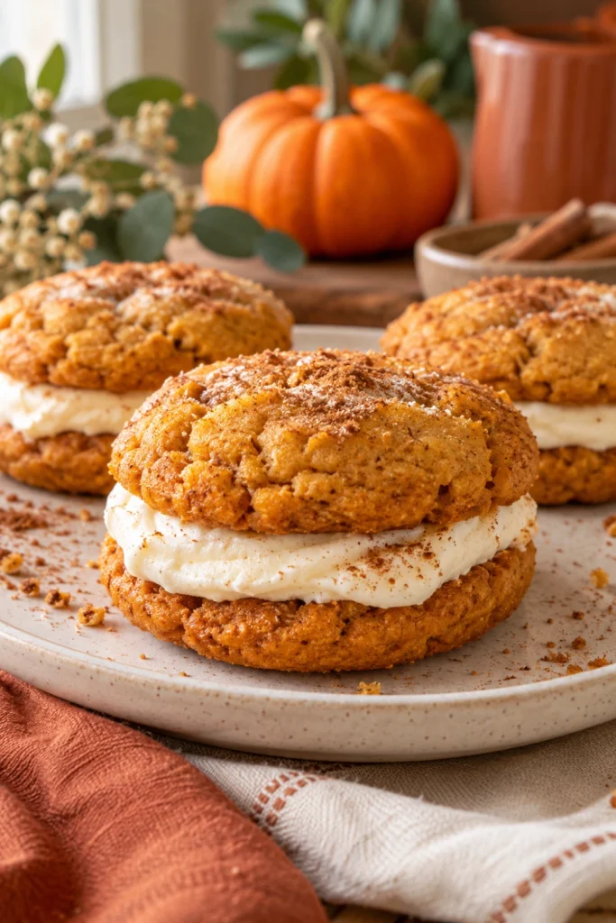 Finished Pumpkin Party Cookie Sandwich served on an elegant autumn platter with creamy filling, pumpkin cookies, and colorful fall accents.