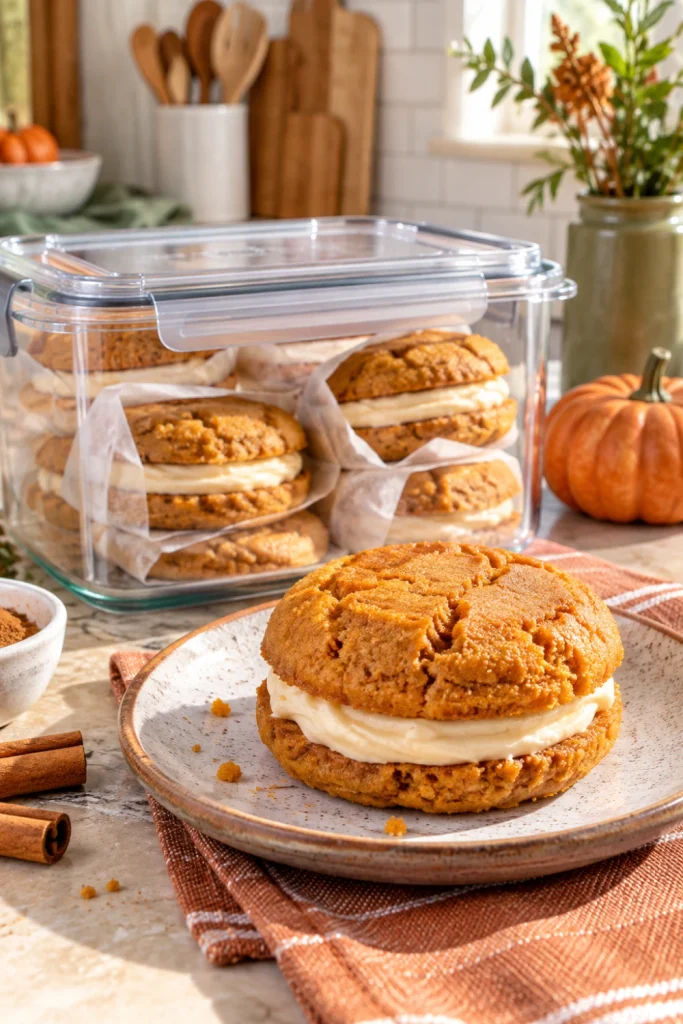 Pumpkin Party Cookie Sandwiches prepared ahead in an airtight container with parchment and a finished sandwich on a plate.
