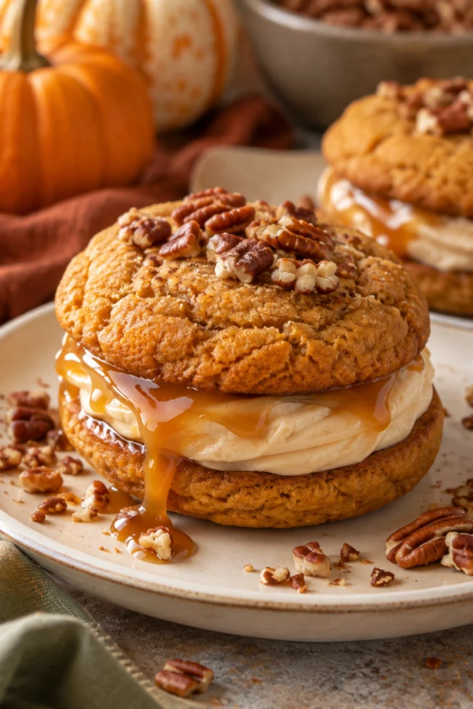 Pumpkin Party Cookie Sandwich with creamy maple filling, caramel drizzle, pumpkin cookies, and pecan accents.