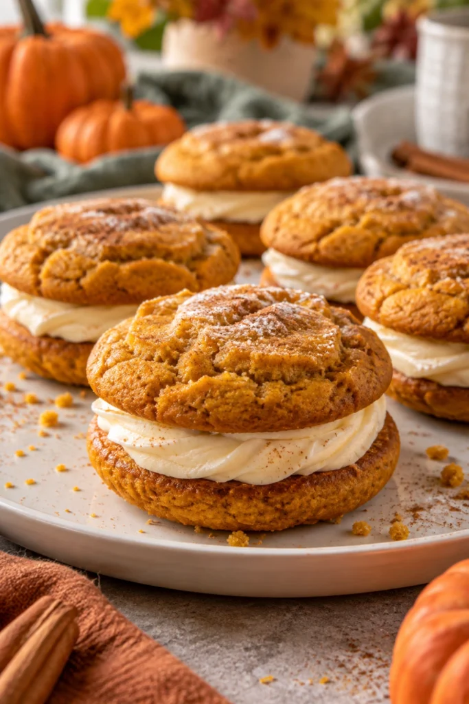 Matching Pumpkin Party Cookie Sandwiches with evenly sized pumpkin cookies and balanced creamy filling.