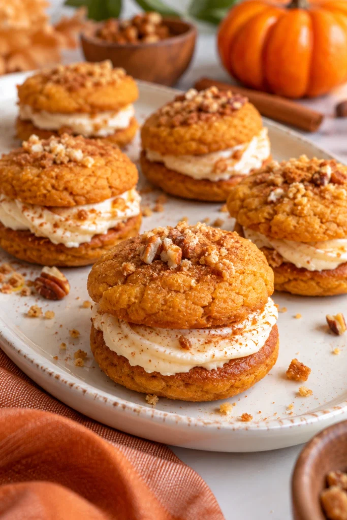 Mini Pumpkin Party Cookie Sandwiches arranged on a modern autumn platter with creamy filling and pumpkin-spiced cookies.