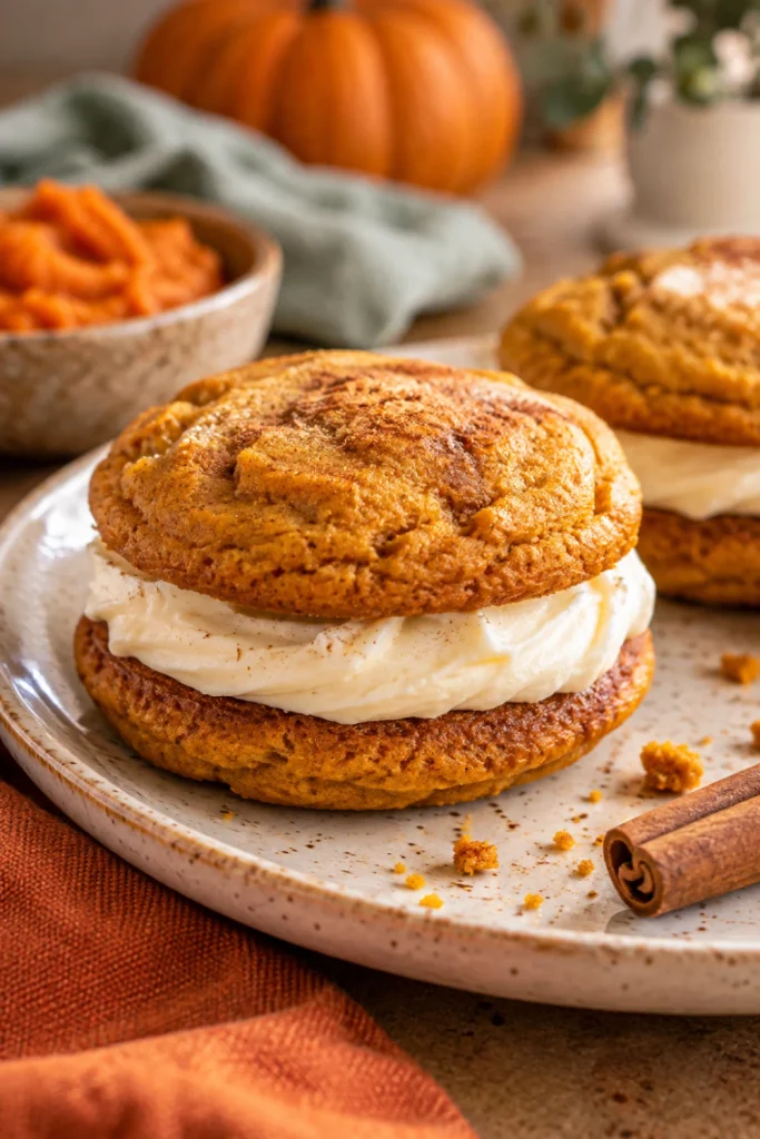 Pumpkin Party Cookie Sandwich featuring soft pumpkin cookies with rich orange color, creamy filling, and natural autumn presentation.