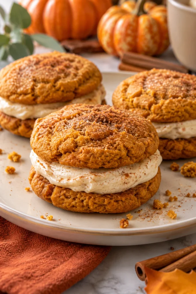 Soft Pumpkin Party Cookie Sandwich made with tender pumpkin-spiced cookies, creamy filling, and warm autumn styling on an ivory plate.