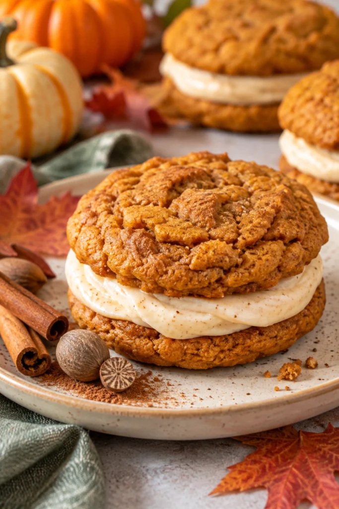 Pumpkin Party Cookie Sandwich with cinnamon-spiced pumpkin cookies, creamy frosting, and subtle autumn spice accents.