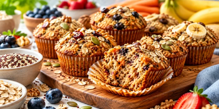 Quinoa power muffins with wholesome ingredients, showcasing 13 easy healthy baking ideas for nutritious homemade muffins.