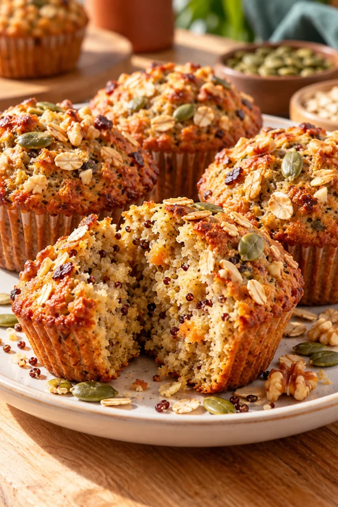 Bakery-style Quinoa Power Muffins finished with oats, nuts, seeds, and golden crunchy toppings.