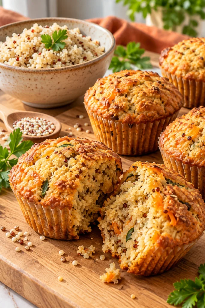 Quinoa Power Muffins made with fluffy, properly cooked quinoa, showing tender separated quinoa grains beside freshly baked golden muffins.