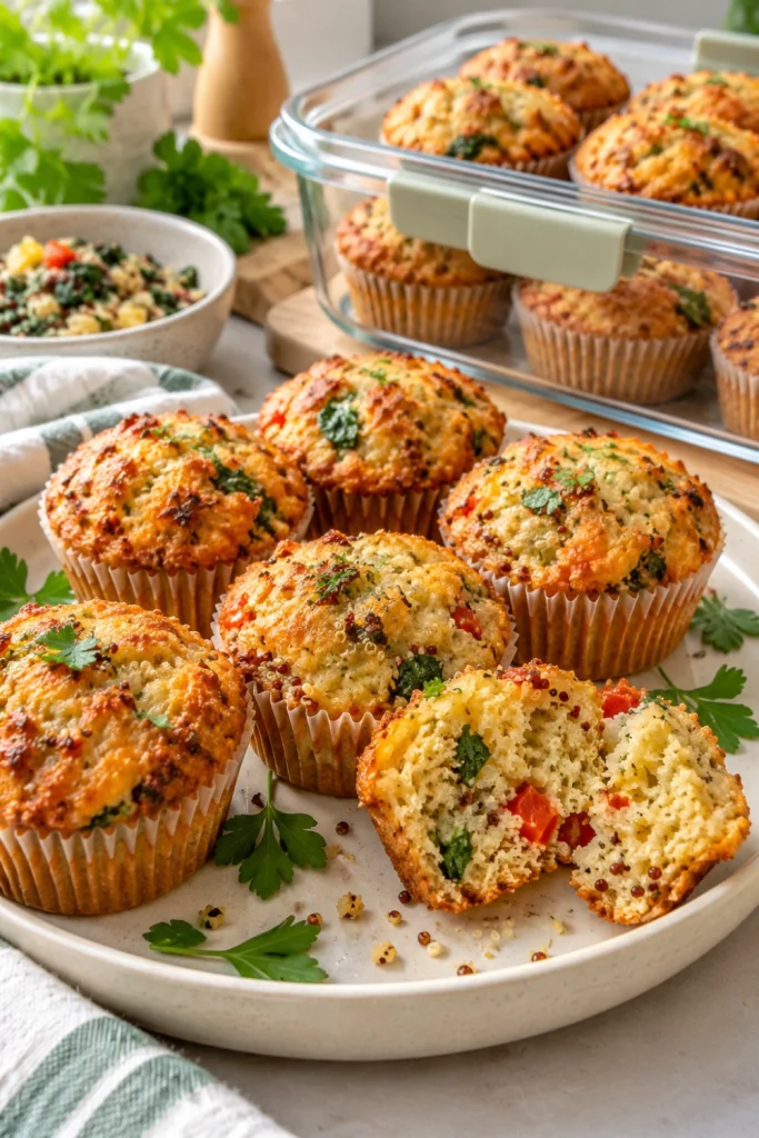 Quinoa Power Muffins arranged for meal prep in a modern kitchen with an airtight storage container.