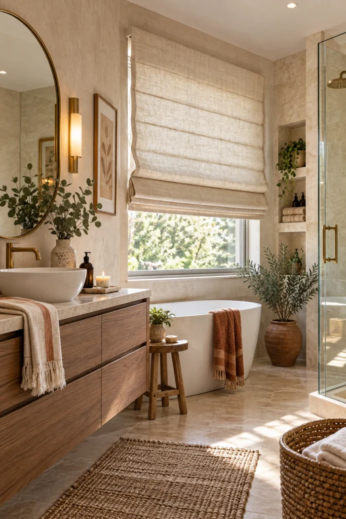 Elegant Roman Bathroom Blinds in a luxurious neutral bathroom with soft natural textures and modern fixtures.