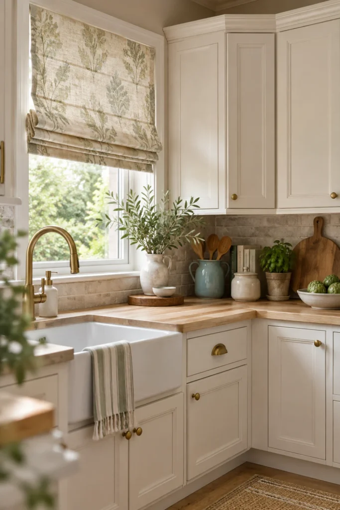 Roman kitchen blinds beside a corner cabinet with cream cabinetry, pale wood, sage accents, and modern styling.