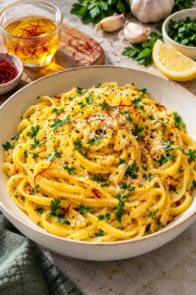 Saffron Pasta with Garlic Butter and Parsley with golden saffron infusion and fresh parsley.