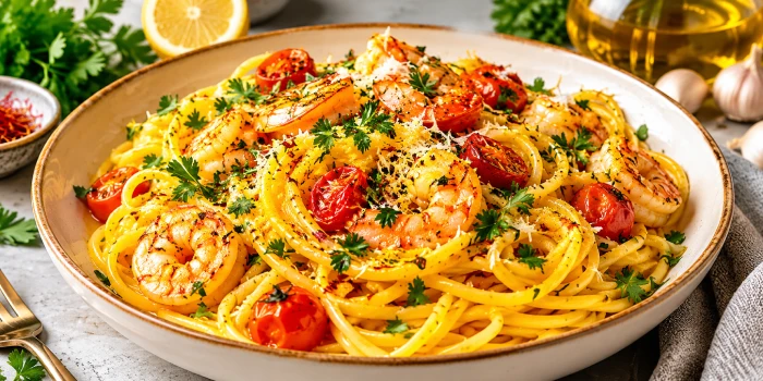 Saffron pasta with garlic butter and parsley, featuring golden pasta tossed in a creamy garlic butter sauce and fresh parsley.