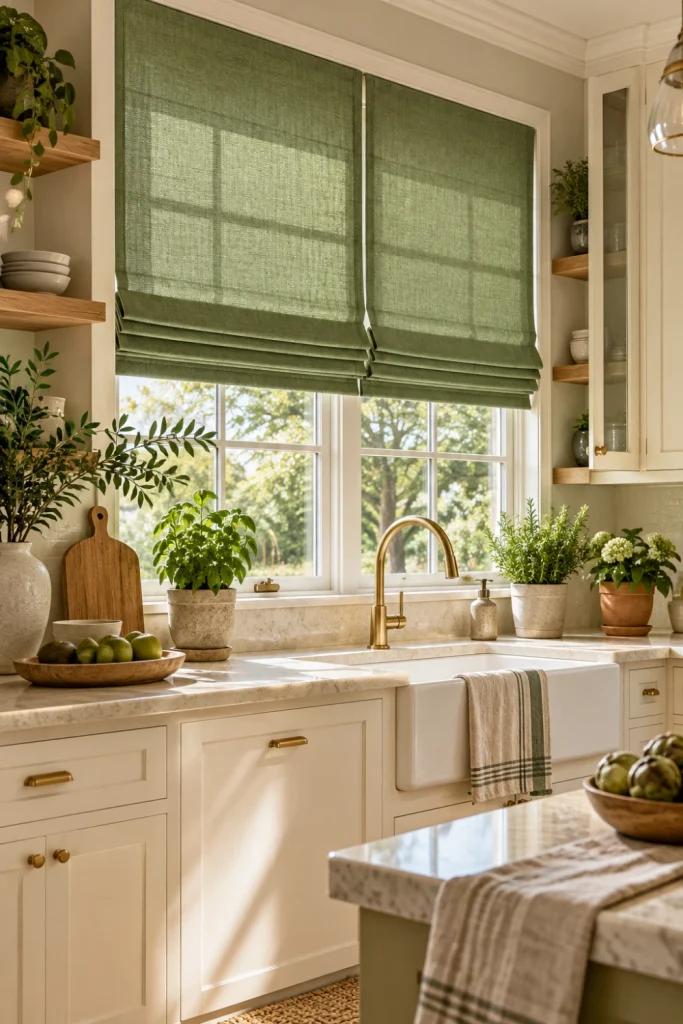 Sage green kitchen shades with white cabinetry, natural wood, herbs, and modern botanical decor.