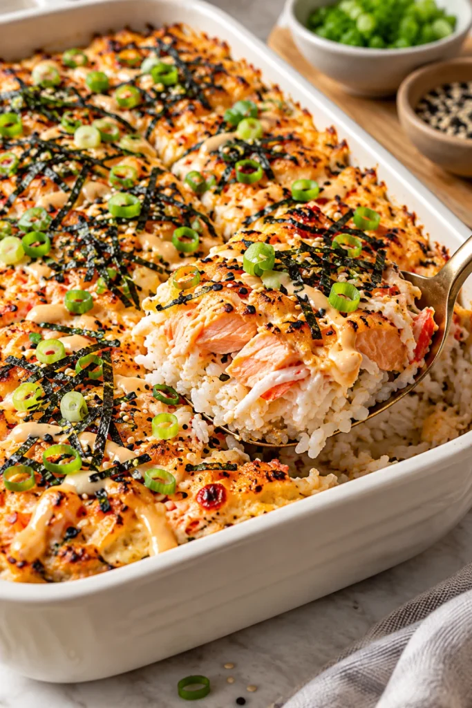 Salmon and crab Sushi Bake with creamy seafood topping, sushi rice, sesame seeds, scallions and nori.