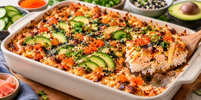 Salmon sushi bake ideas for an easy, crispy dinner with baked salmon, seasoned sushi rice, creamy toppings, avocado, and sesame garnish.