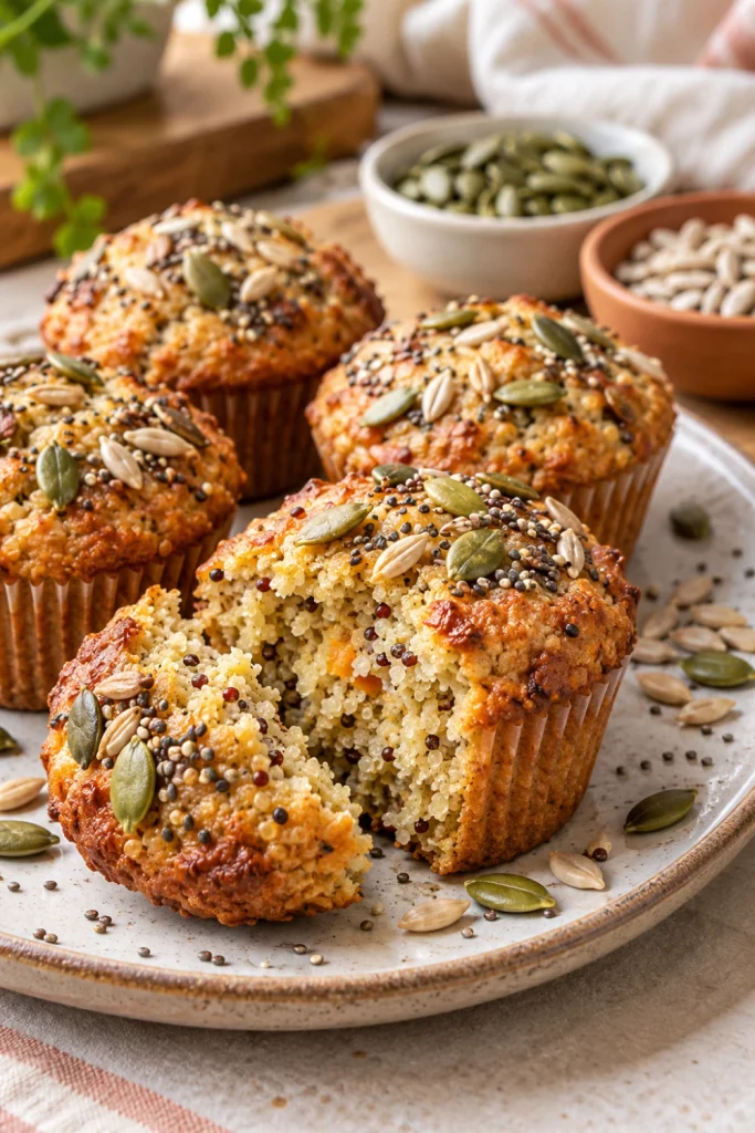 Seed-topped Quinoa Power Muffins featuring chia, pumpkin, and sunflower seeds over golden baked muffin tops.