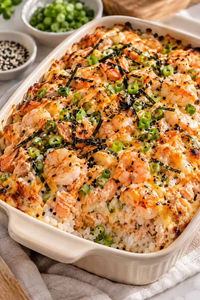 Shrimp and salmon Sushi Bake with creamy seafood topping, sushi rice, scallions, sesame seeds and nori.