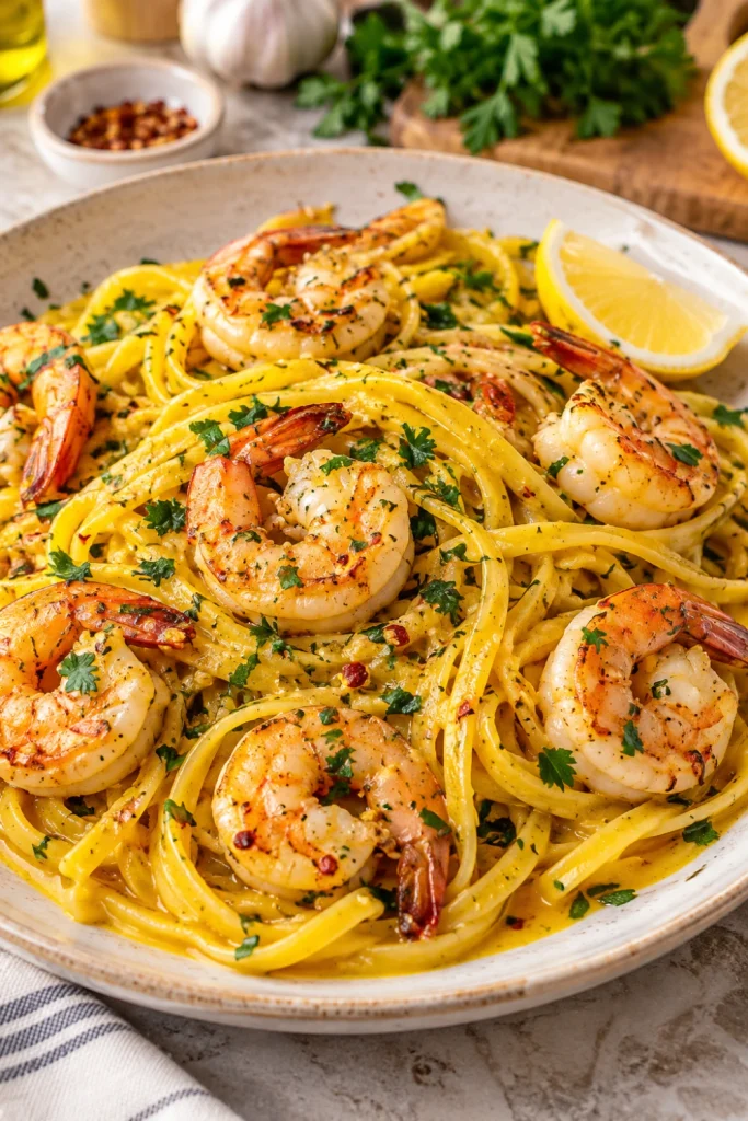 Saffron Pasta with Garlic Butter and Parsley topped with tender shrimp and fresh parsley.