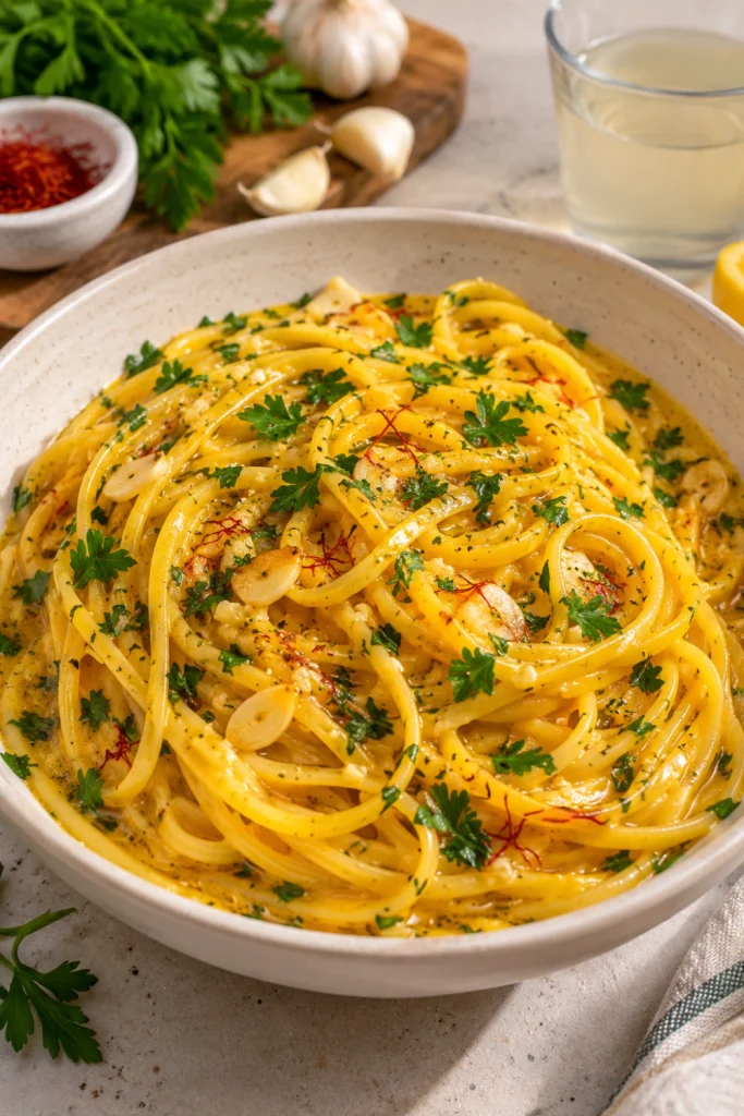 Silky Saffron Pasta with Garlic Butter and Parsley coated in a glossy golden sauce.