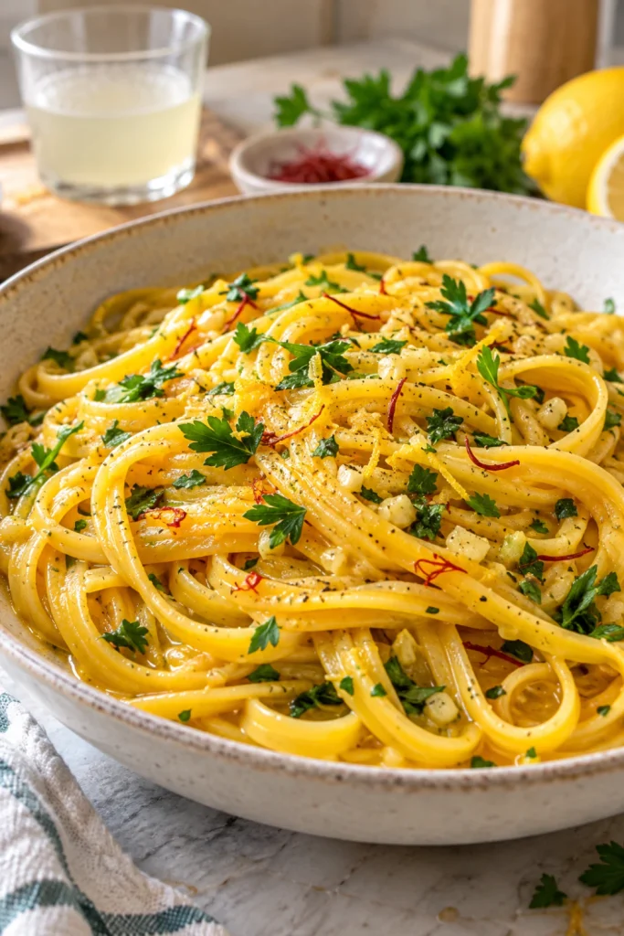 Saffron Pasta with Garlic Butter and Parsley with a silky glossy sauce coating every strand.