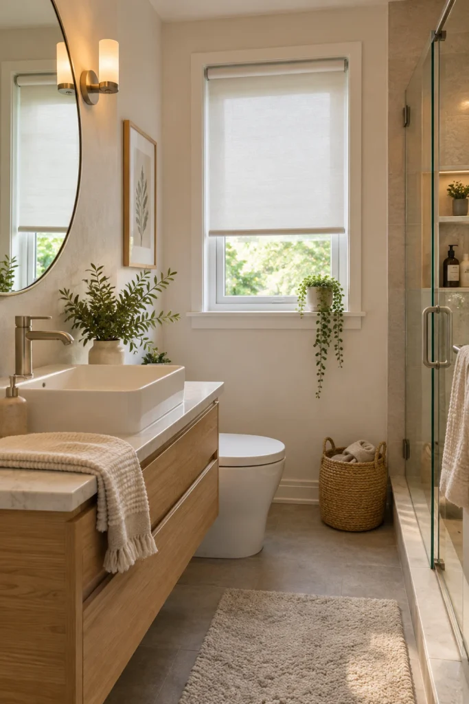 Stylish Bathroom Blinds fitted to a small bathroom window with a light neutral palette and modern minimalist decor.