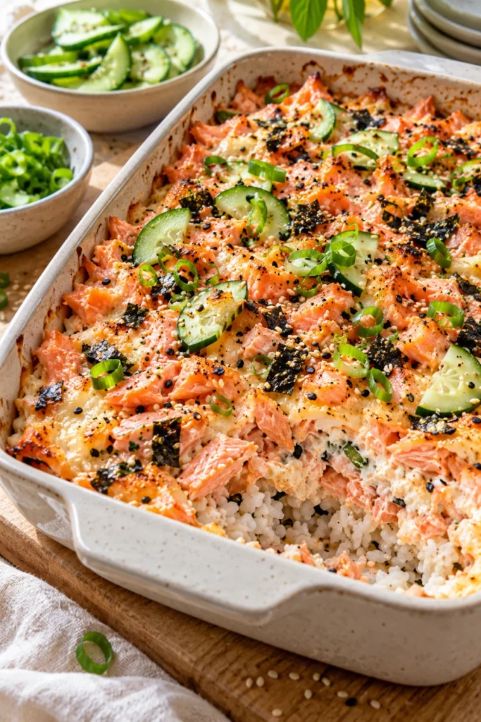 Smoked salmon Sushi Bake with cream cheese, sushi rice, cucumber, scallions, sesame seeds and nori.