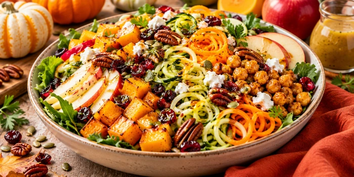 Spiralized Harvest Salad: 13 colorful fall ideas featuring fresh vegetables, roasted squash, apples, greens, and seasonal toppings.