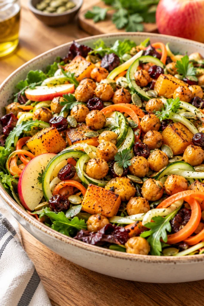Protein-rich Spiralized Harvest Salad with chickpeas, zucchini and carrot ribbons, roasted squash, apples, greens, and seeds.
