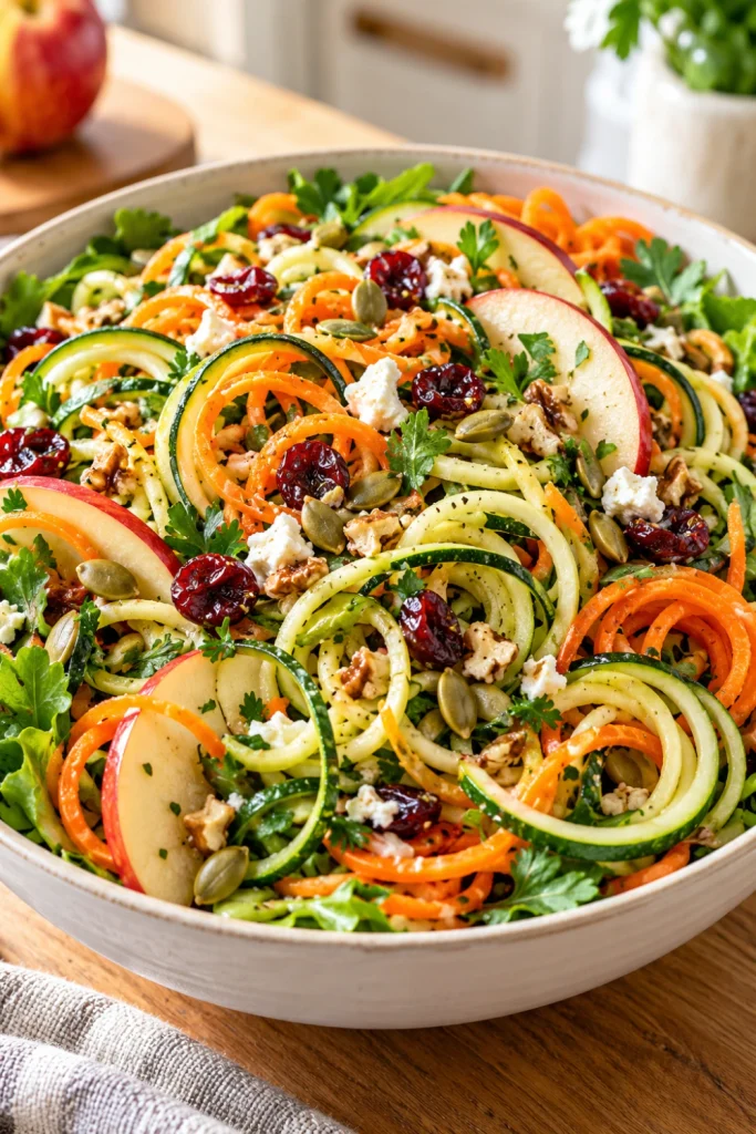 Colorful Spiralized Harvest Salad made with fresh zucchini and carrot ribbons in a large ivory bowl, showing crisp vegetable textures and vibrant seasonal colors.