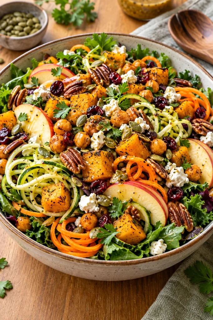 Complete Spiralized Harvest Salad served as a colorful seasonal meal with spiralized vegetables, roasted squash, apples, greens, chickpeas, nuts, cranberries, and creamy cheese.