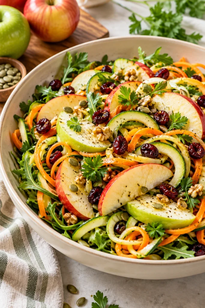 Spiralized Harvest Salad topped with crisp green and red apple slices, spiralized vegetables, leafy greens, and colorful seasonal ingredients.