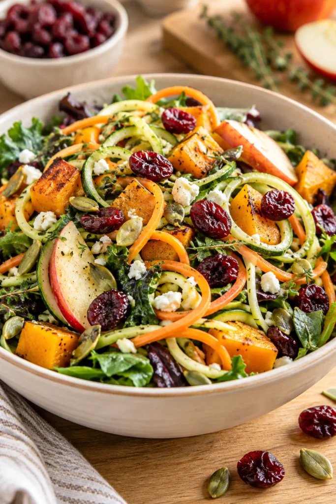 Spiralized Harvest Salad with vibrant dried cranberries, spiralized vegetables, roasted squash, apples, greens, and pumpkin seeds.