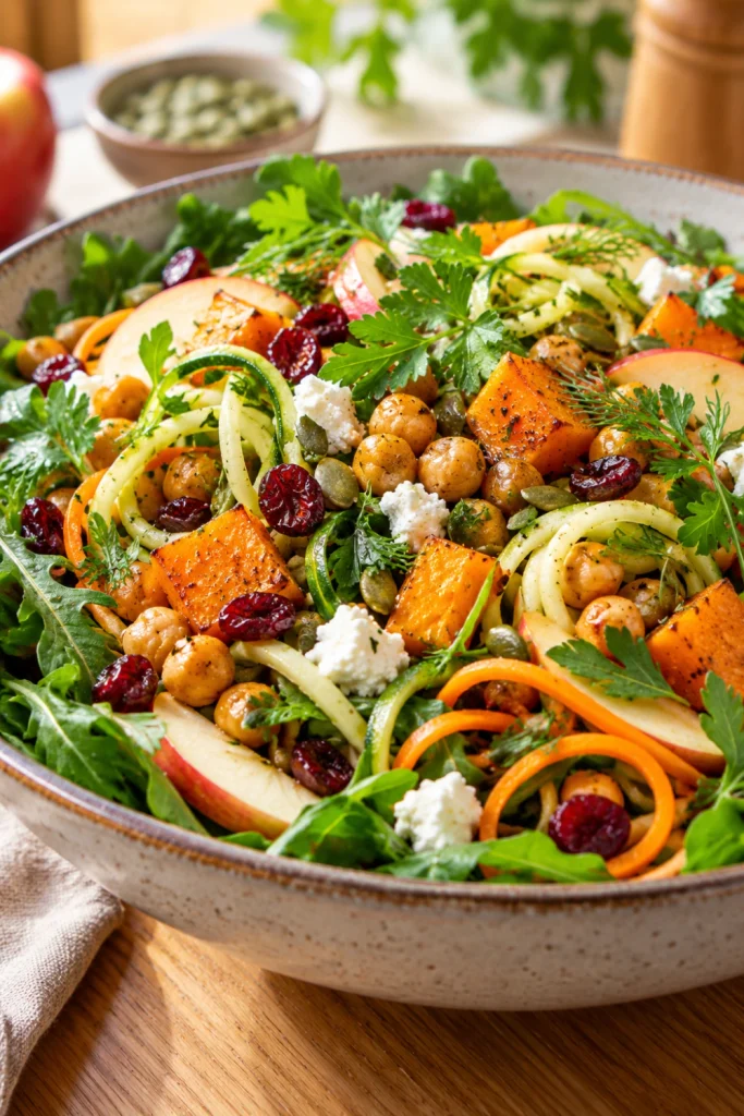 Spiralized Harvest Salad finished with fresh parsley and herbs over colorful spiralized vegetables, apples, roasted squash, and cranberries.