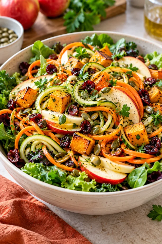 Fresh Spiralized Harvest Salad with emerald leafy greens, zucchini and carrot ribbons, apples, pumpkin seeds, and seasonal toppings.