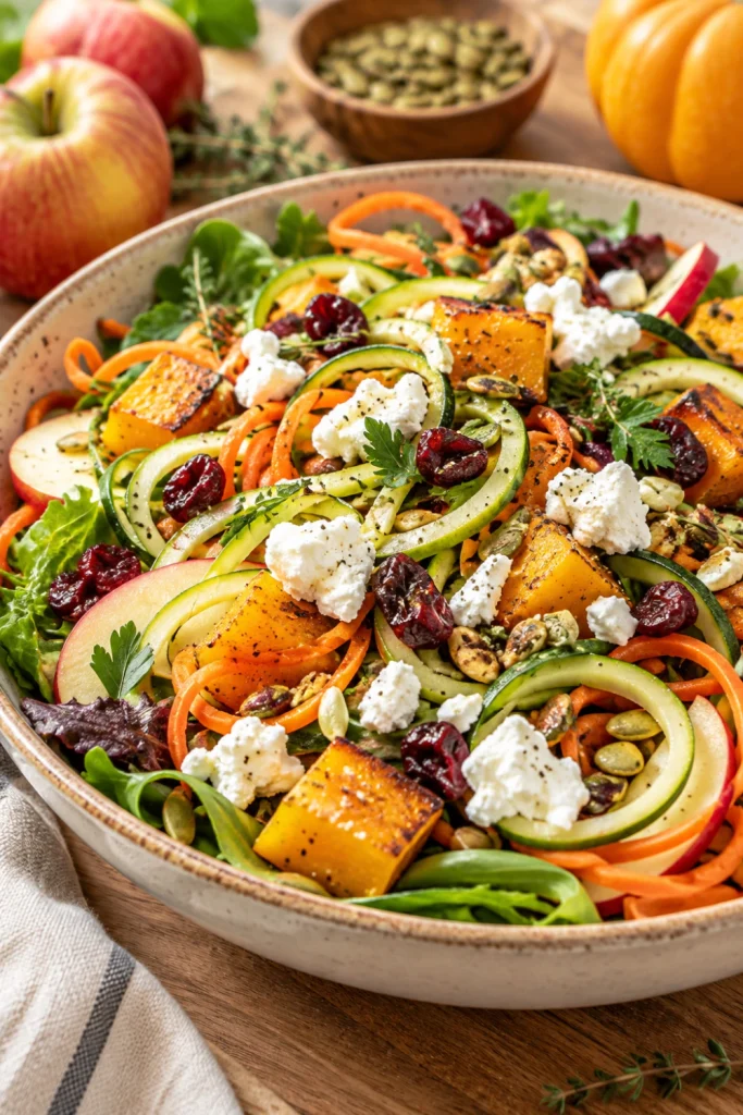 Spiralized Harvest Salad topped with creamy crumbled goat cheese, roasted squash, apples, cranberries, greens, and pumpkin seeds.