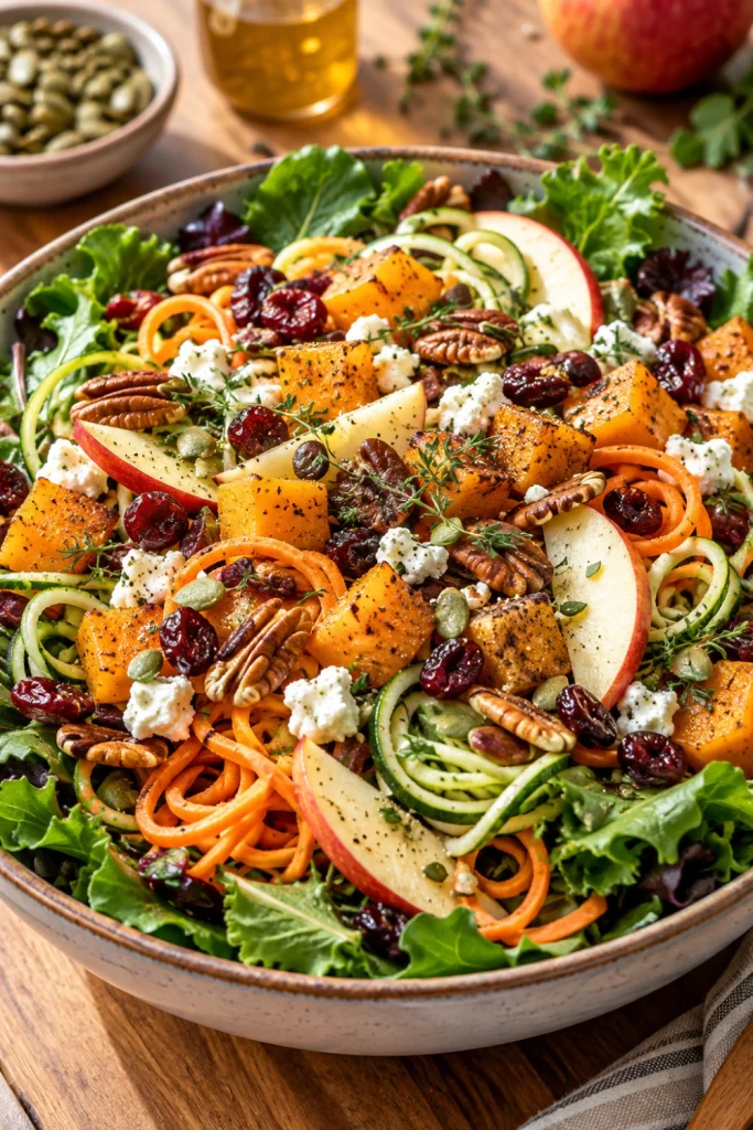 Beautifully layered Spiralized Harvest Salad showing greens, spiralized vegetables, roasted squash, apples, cranberries, nuts, seeds, and cheese.