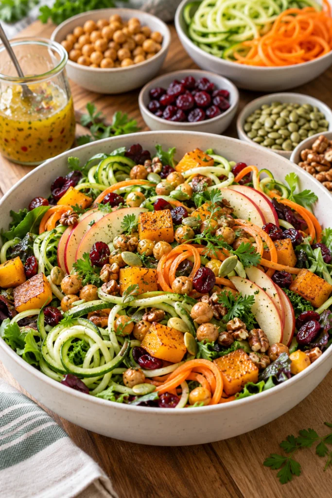 Make-ahead Spiralized Harvest Salad with prepared vegetable ribbons, roasted squash, apples, greens, seeds, cranberries, and dressing.