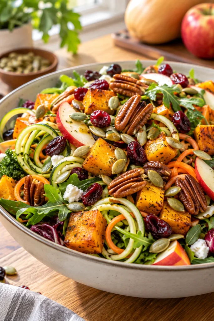 Spiralized Harvest Salad topped with crunchy pumpkin seeds and toasted nuts over colorful vegetable ribbons and leafy greens.
