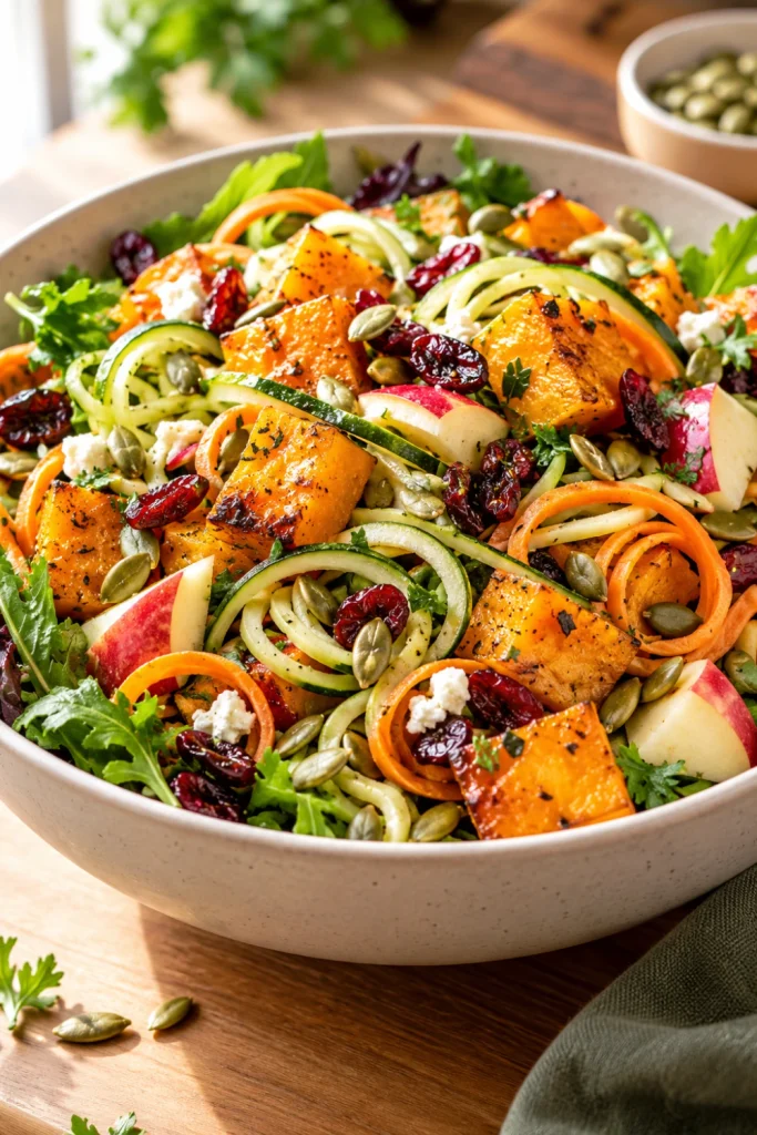 Spiralized Harvest Salad featuring golden roasted butternut squash, zucchini ribbons, carrots, greens, cranberries, and pumpkin seeds.