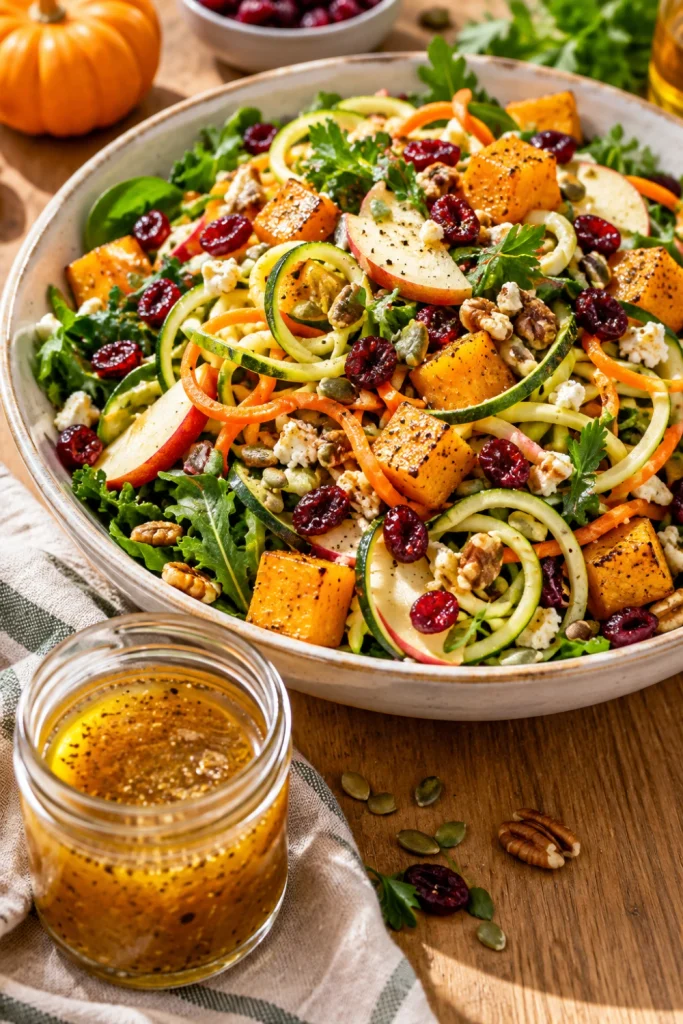 Spiralized Harvest Salad with colorful vegetables, roasted squash, apples, seeds, and a small jar of tangy maple mustard dressing.