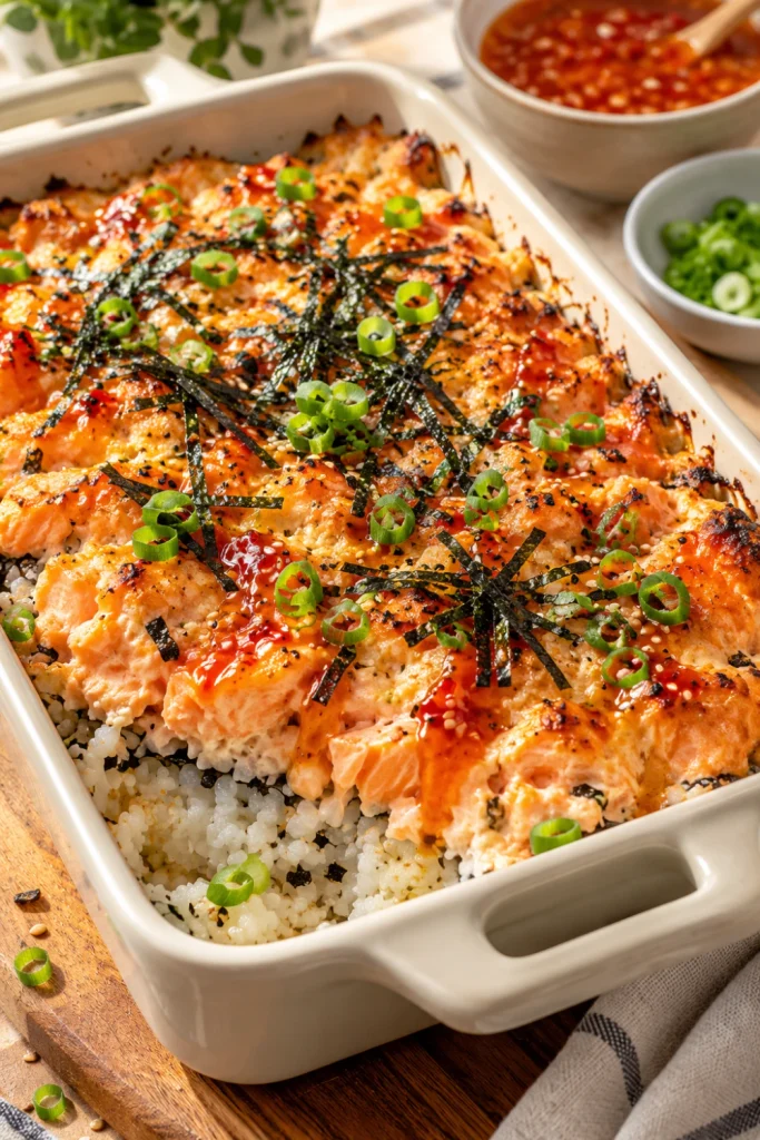 Sweet chilli Salmon Sushi Bake with creamy salmon, glossy sweet chilli sauce, sesame seeds and scallions.