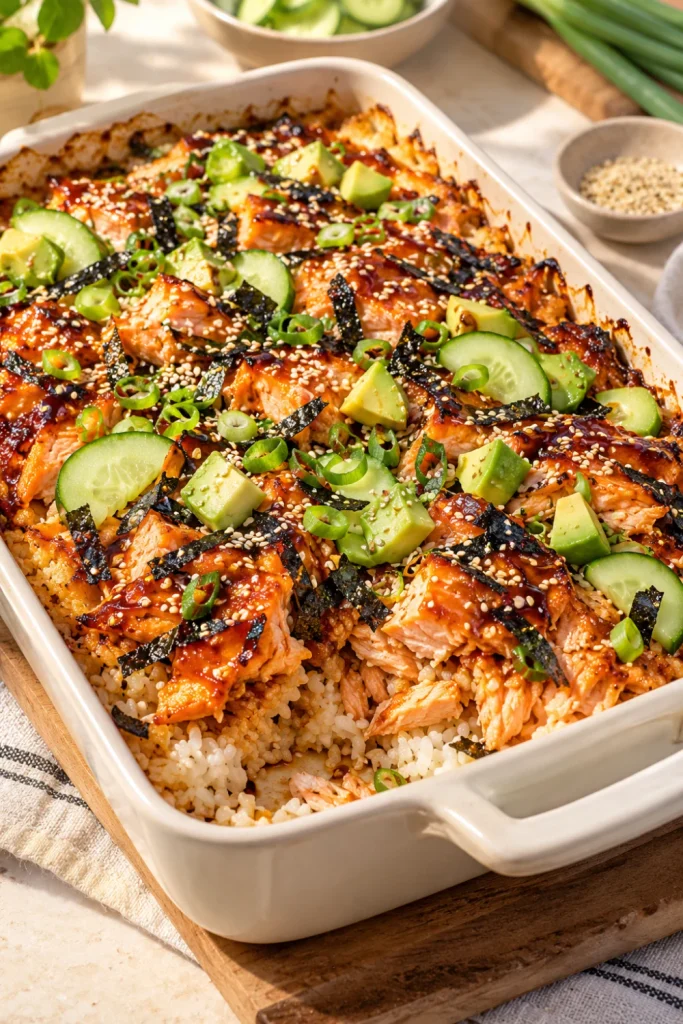 Teriyaki Salmon Sushi Bake with caramelized salmon, sushi rice, avocado, cucumber, scallions and sesame seeds