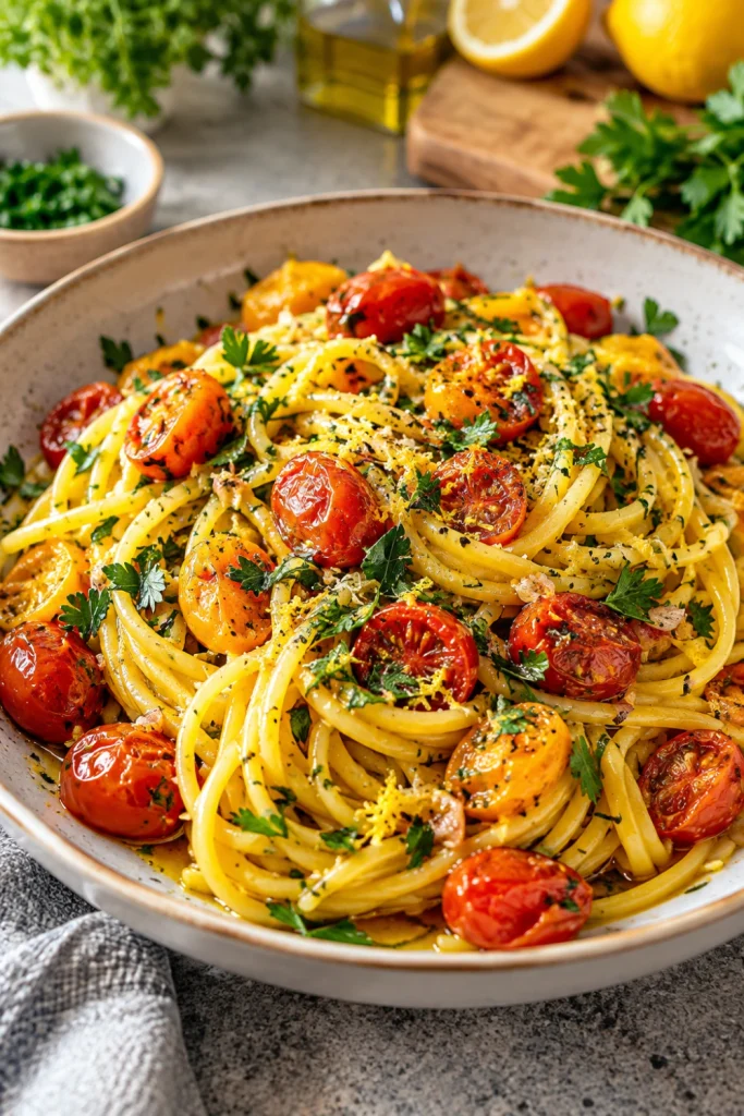Saffron Pasta with Garlic Butter and Parsley with juicy cherry tomatoes and fresh herbs.