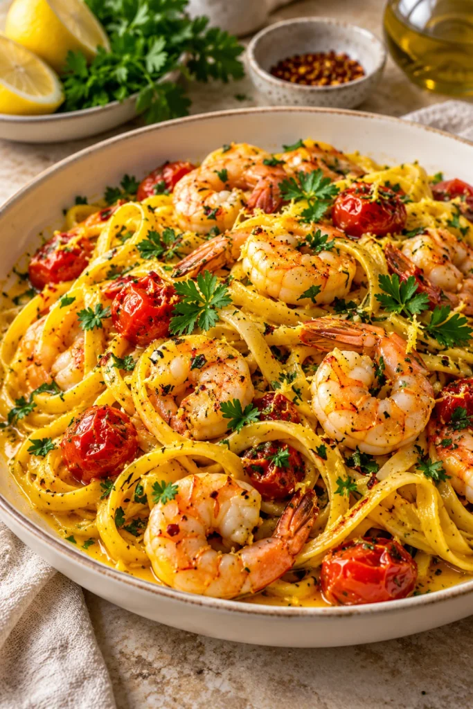 Ultimate Saffron Pasta with Garlic Butter and Parsley with shrimp, tomatoes, lemon, chilli and olive oil.