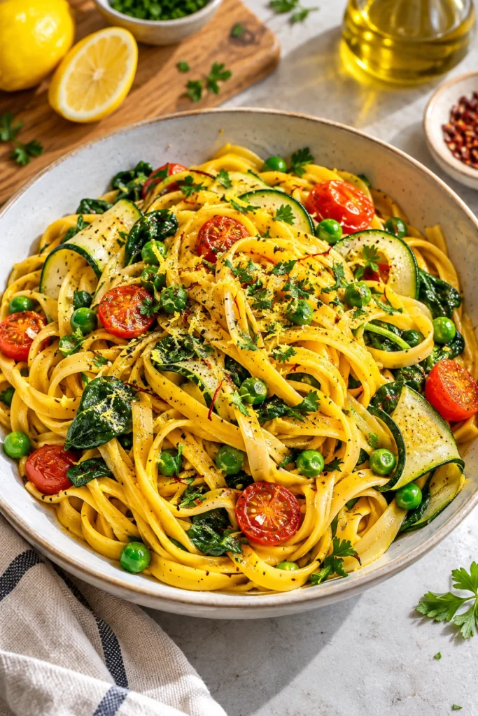 Saffron Pasta with Garlic Butter and Parsley with zucchini, spinach, peas and colorful vegetables.