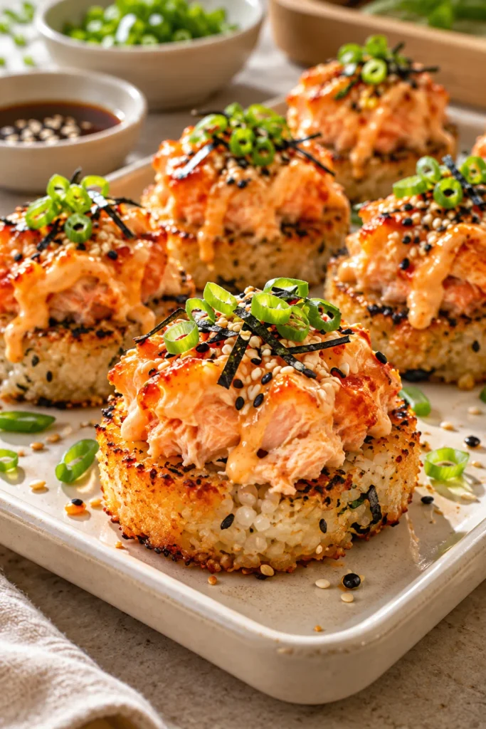 Viral Salmon Sushi Bake bites with crispy rice bases, creamy salmon, spicy mayo, sesame seeds and scallions.
